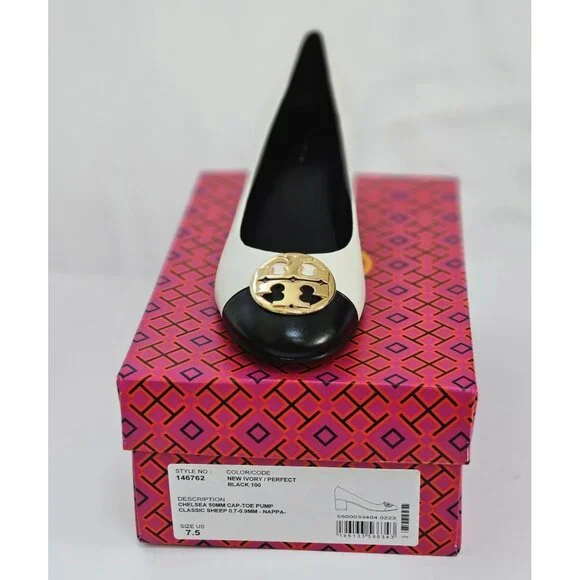 Tory BurchChelsea Cap-Toe Slip-On Dress Block Heel Ivory/perfect Black #7.5